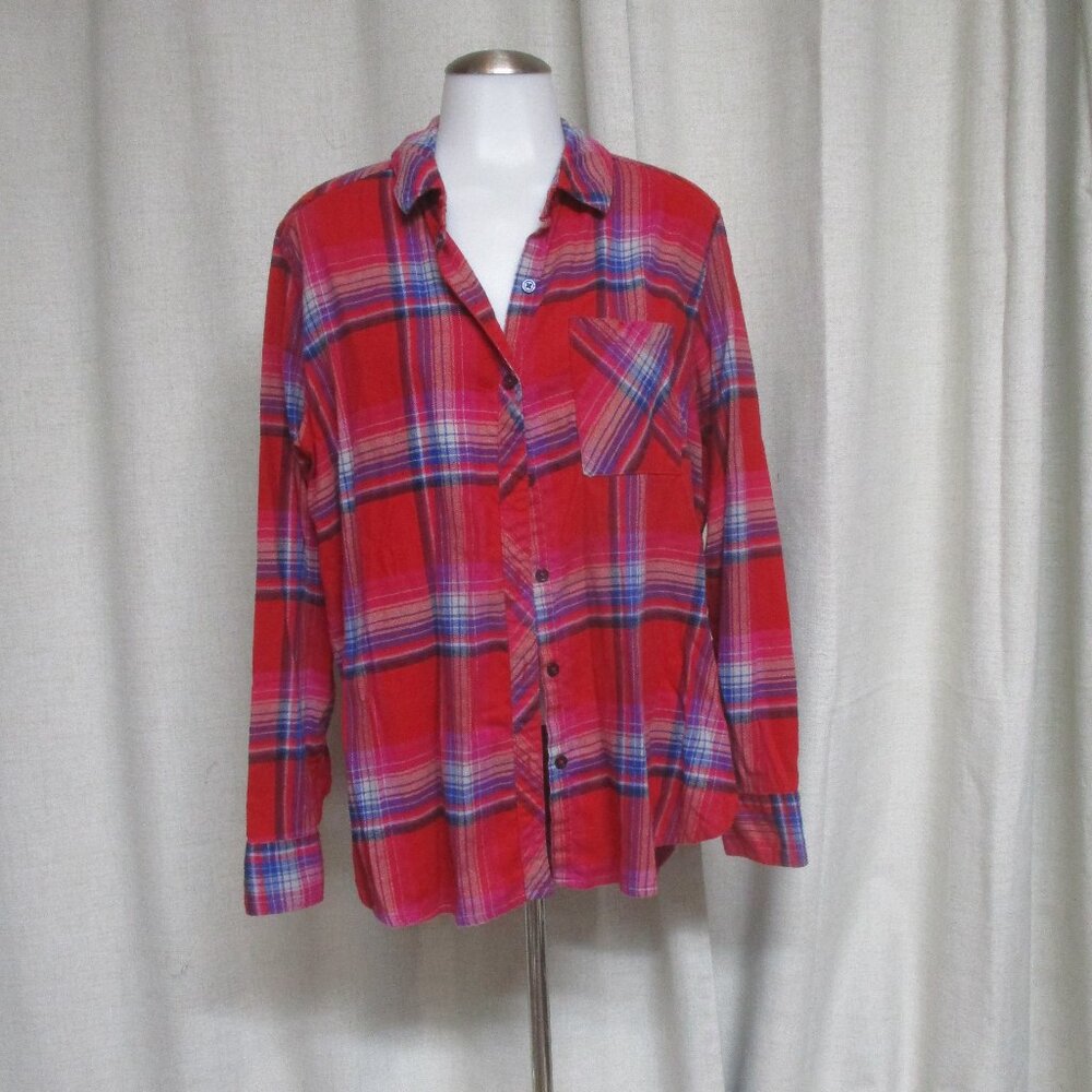ORVIS red pink blue plaid flannel button down shirt top blouse